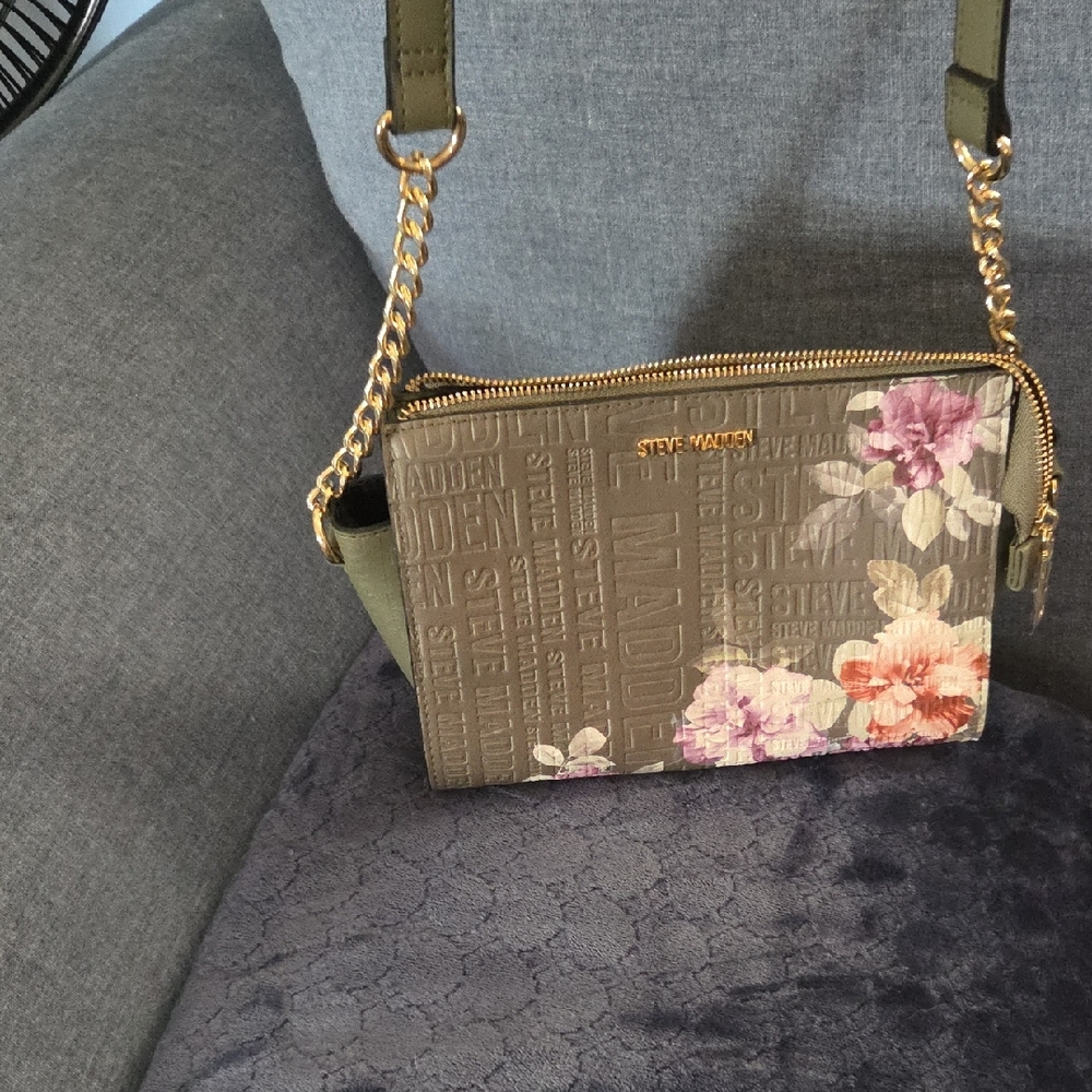 Steve Madden Olive and Floral Crossbody Bag with Gold Chain